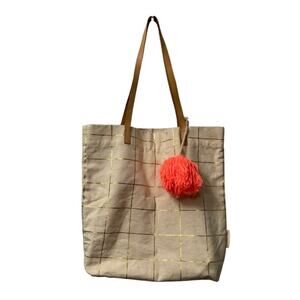 Meri Meri Gold Cream Canvas Tote Huge Coral Pom Pom Accent Vegan Leather Handles
